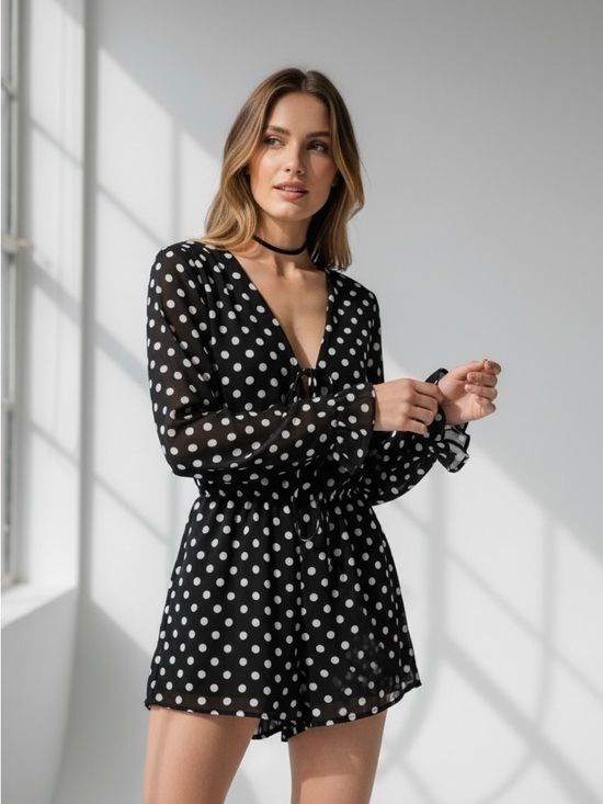 Pants - Black Polka Dot V-Neck Long Sleeve Romper